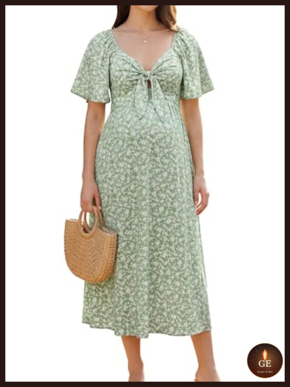 V Neck Maternity Midi Dress with Pockets Bow Front Flare Sleeve A-Line